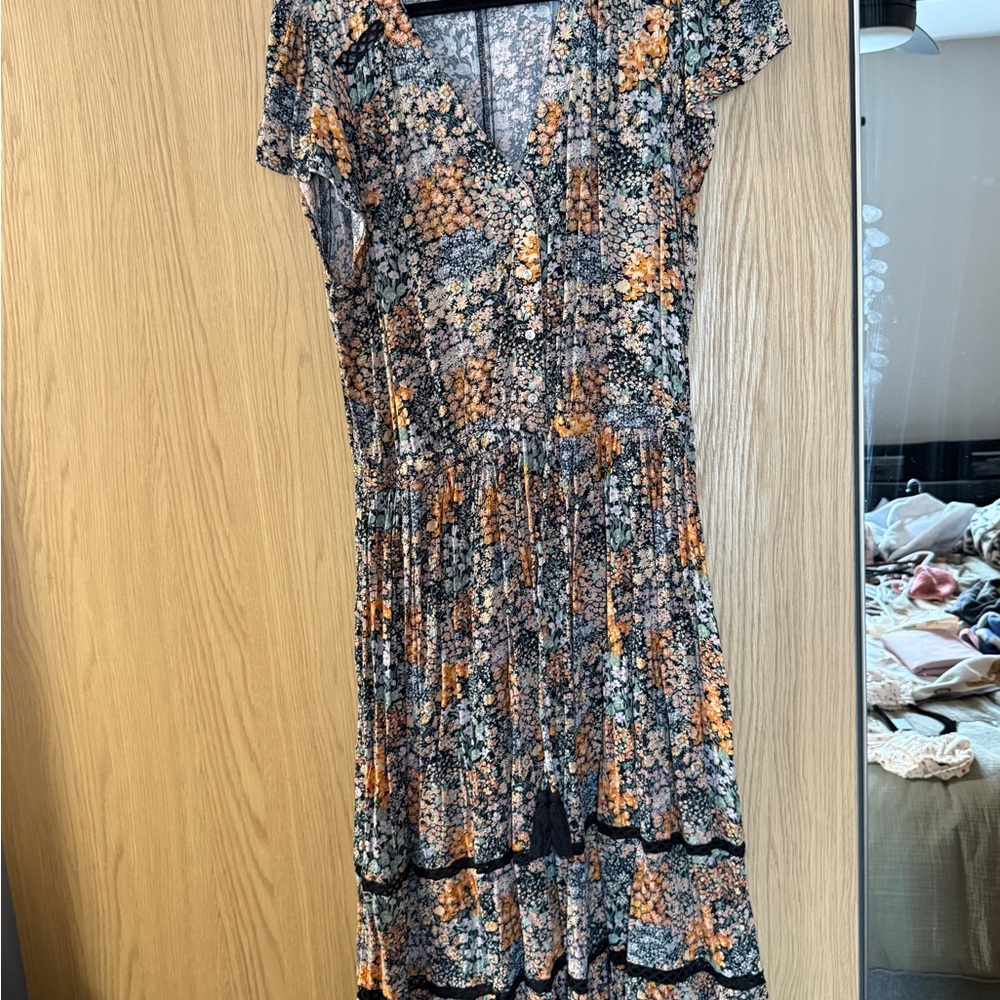 American Eagle Outfitters Floral Midi Dress in Orange and Black
